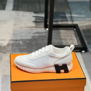 Hermès White Black Mesh-Suede Hybrid Upper Sculpted Ridged Midsole Sneakers