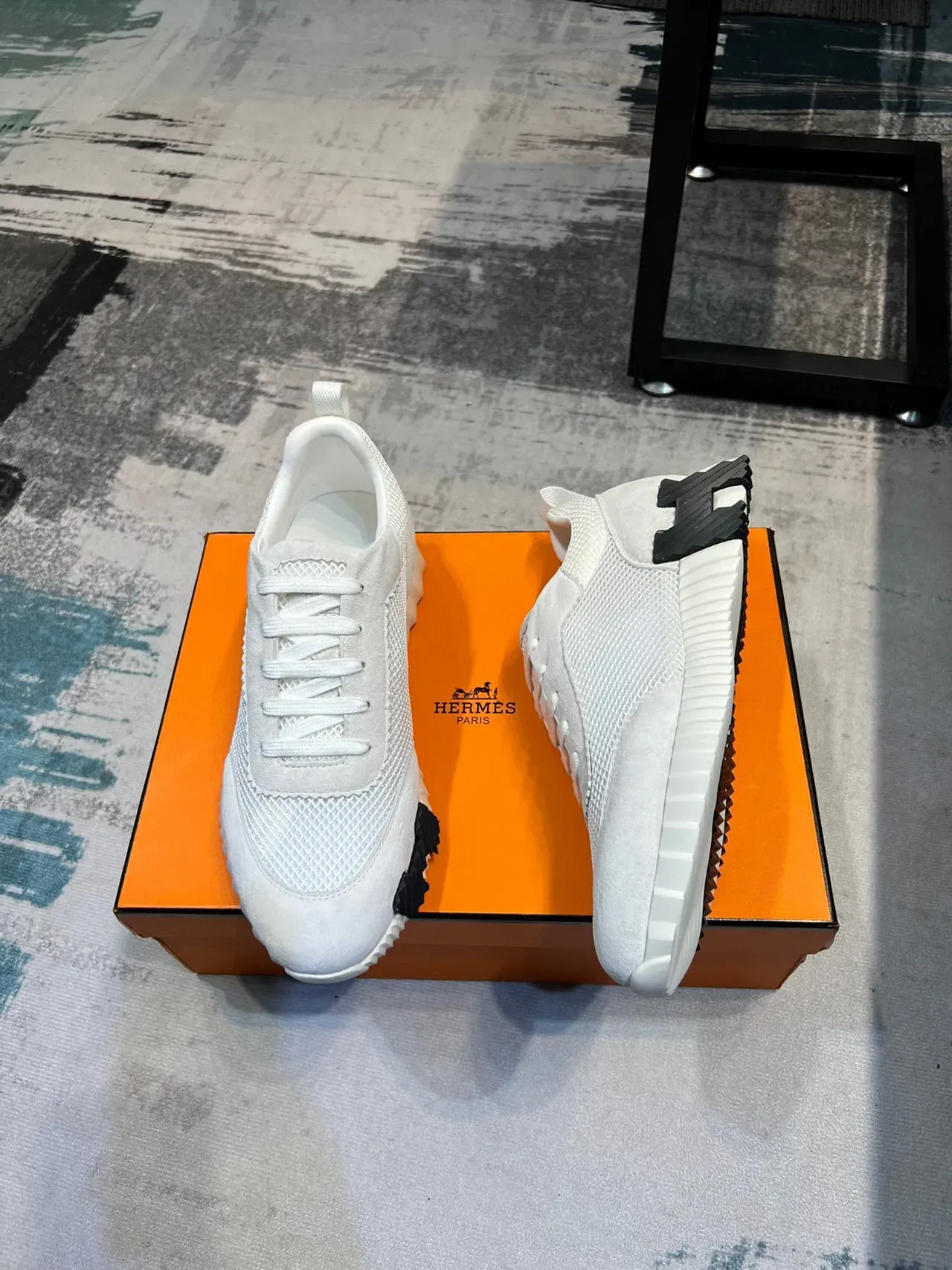 Hermès White Black Mesh-Suede Hybrid Upper Sculpted Ridged Midsole Sneakers 4