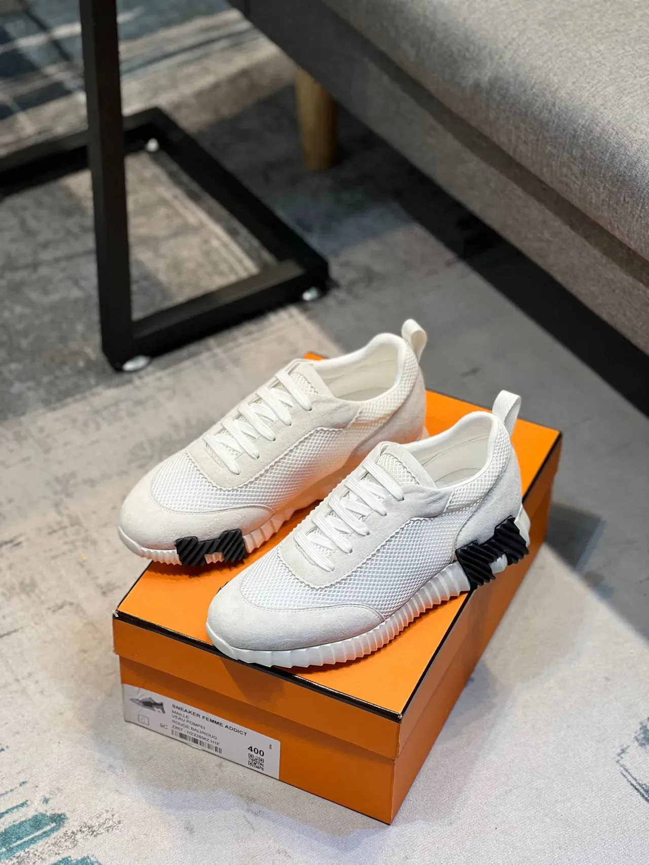 Hermès White Black Mesh-Suede Hybrid Upper Sculpted Ridged Midsole Sneakers 7