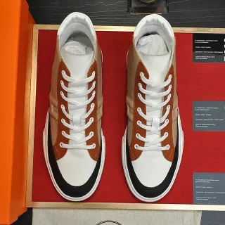 Hermès White Brown High-Top Leather-Panelled Sneakers