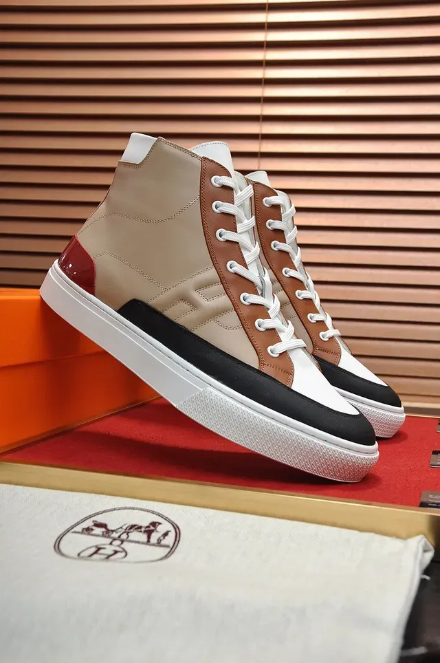 Hermès Zapatillas altas blancas y marrones de cuero con paneles 8