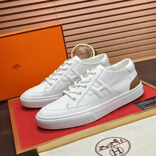 Hermès White Brown Leather Low-Top Quilted H-Stitching Sneakers