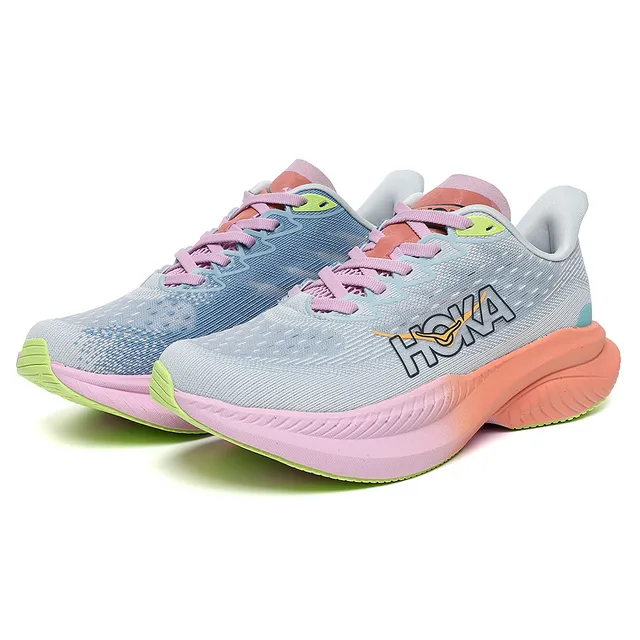 Hoka Mach 6 رمادي وردي الجزء العلوي Knit Engineered الميدسول التدرجي أحذية الجري 3