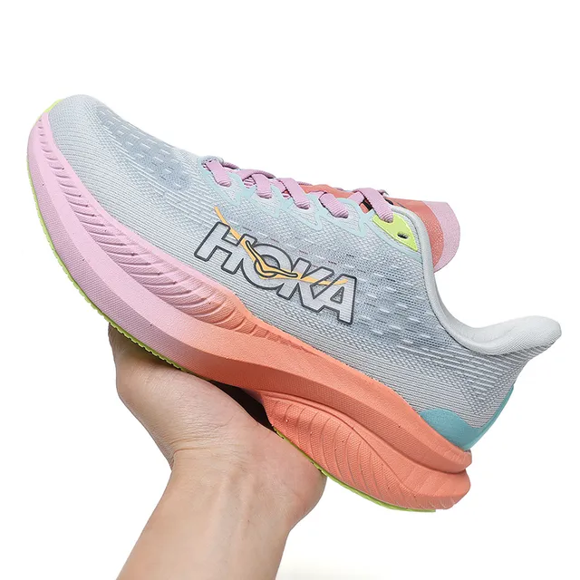 Hoka Mach 6 رمادي وردي الجزء العلوي Knit Engineered الميدسول التدرجي أحذية الجري 4