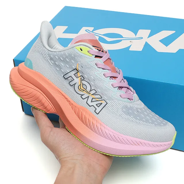 Hoka Mach 6 رمادي وردي الجزء العلوي Knit Engineered الميدسول التدرجي أحذية الجري 8