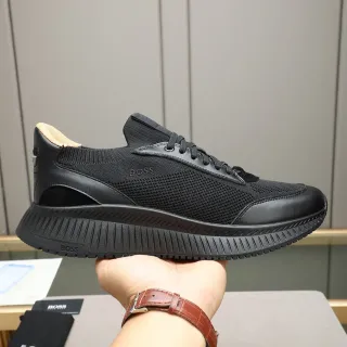 Hugo Boss काला किनिट और चमड़े की लाइफस्टाइल स्नीकर