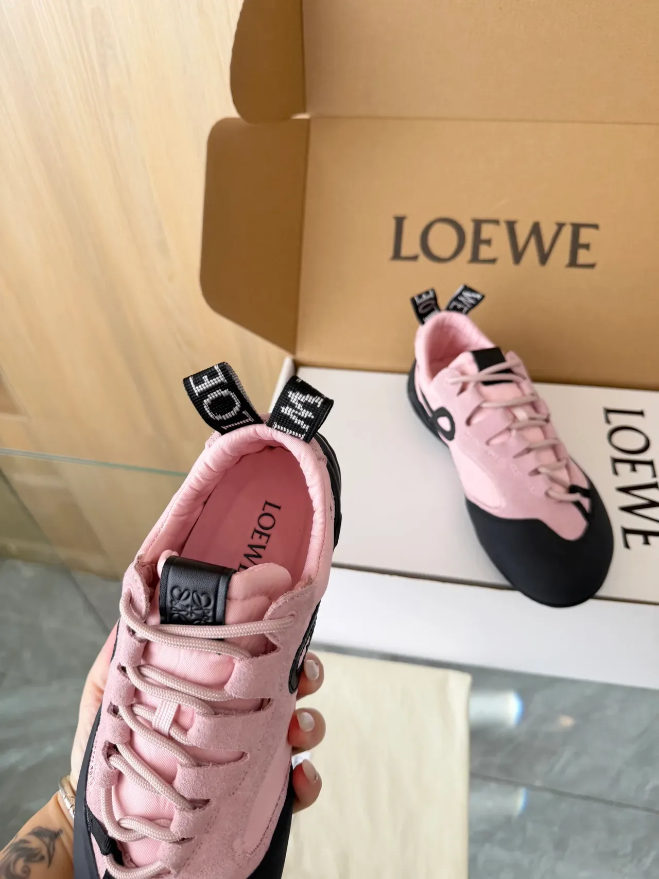 Loewe Flow Runner Pink Suede and Black Lifestyle Sneakers 4