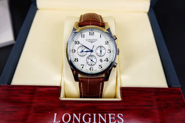 Longines Master Collection Chronograph বাদামী সাদা গোল স্টেইনলেস স্টিল কেস গিলোশে ডায়াল যান্ত্রিক ঘড়ি 6
