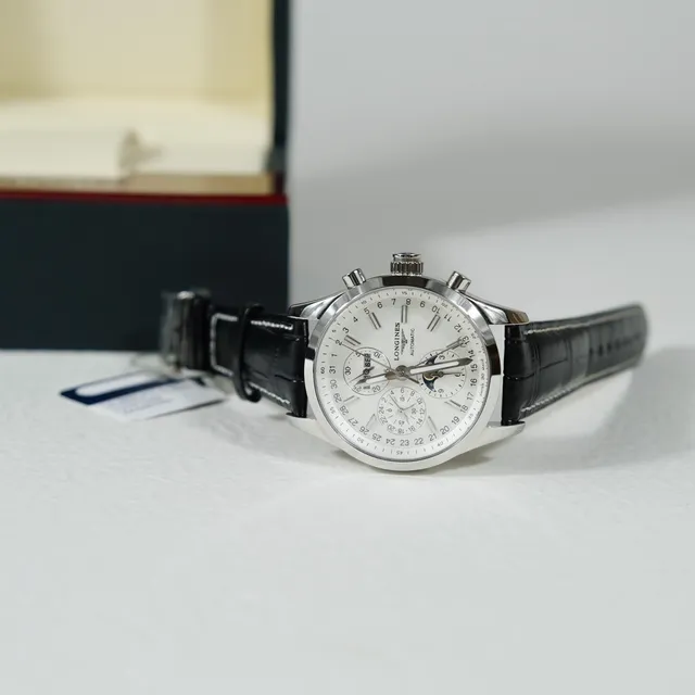 Longines Master Collection Chronograph सफेद डायल काला एलिगेटर पट्टा यांत्रिक घड़ी 6