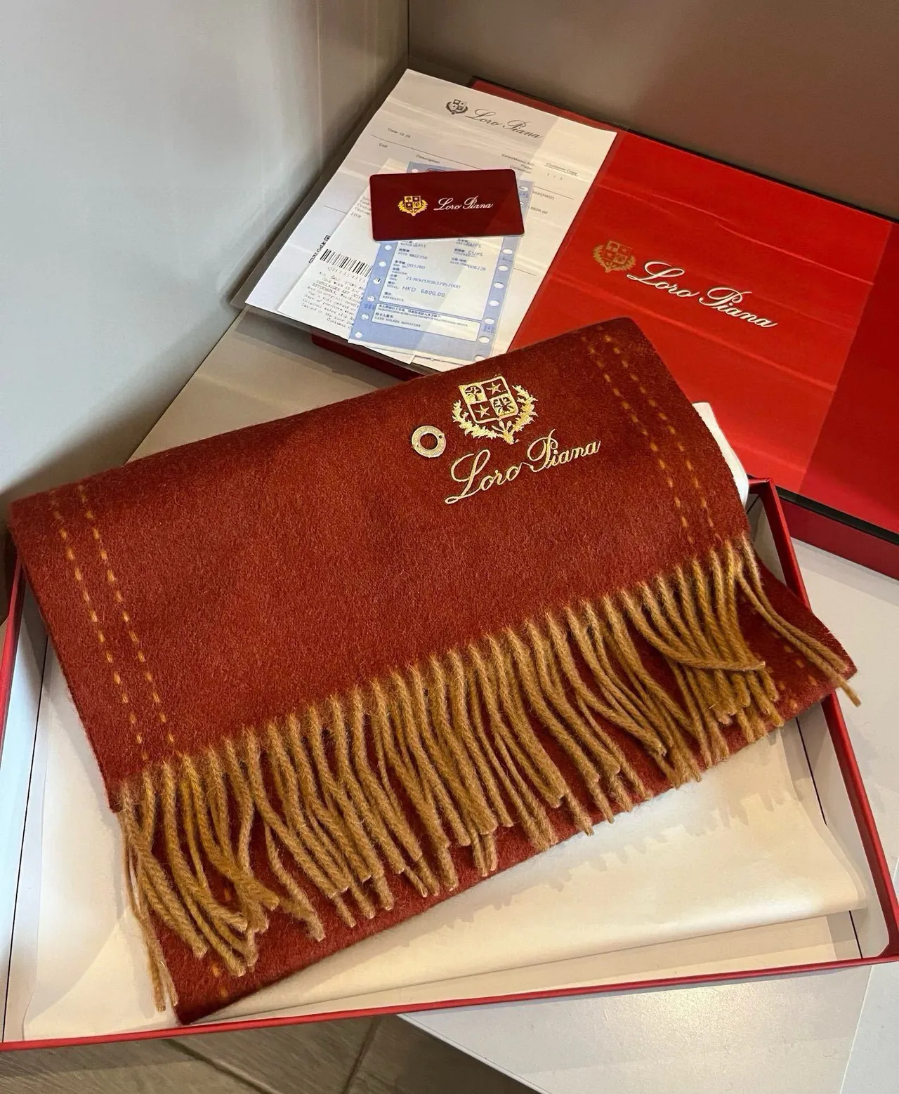Loro Piana ক্রেস্ট ক্রোশড রাস্ট রেড ক্যাশমির স্কার্ফ 6