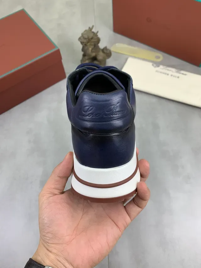 Loro Piana Navy White Cuir Supérieur Contraste Midsole Sneakers 3