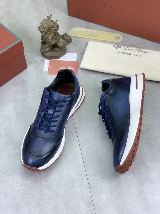 Loro Piana Navy White Cuir Supérieur Contraste Midsole Sneakers 5