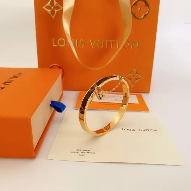 Louis Vuitton Bangles Gold Brown Monogram Canvas Metal Bracelet 2