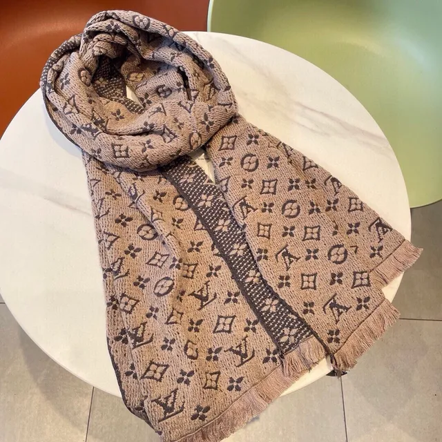 Louis Vuitton وشاح كشمير بيجي رمادي مونوغرام جاكارد محبوك حواف فرنجية 7