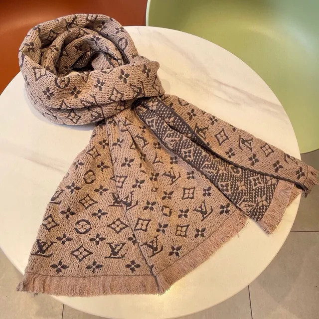 Louis Vuitton وشاح كشمير بيجي رمادي مونوغرام جاكارد محبوك حواف فرنجية 9