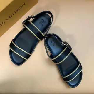 Louis Vuitton काला भूरा दो पट्टियों वाला बुनाई किनारा कैजुअल सैंडल