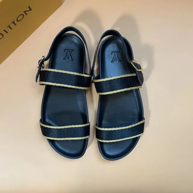 Louis Vuitton Sandalias casuales negras y beige con doble correa y borde trenzado 2