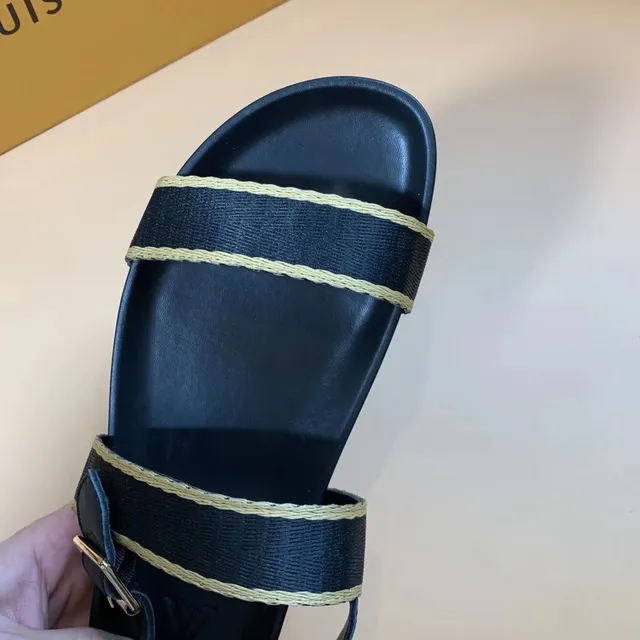Louis Vuitton Sandalias casuales negras y beige con doble correa y borde trenzado 3