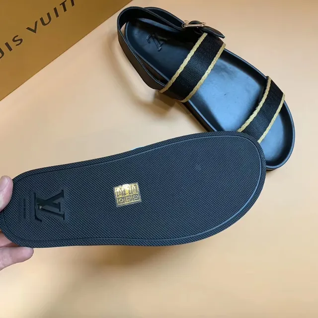 Louis Vuitton Sandalias casuales negras y beige con doble correa y borde trenzado 4