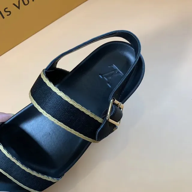 Louis Vuitton Sandalias casuales negras y beige con doble correa y borde trenzado 5