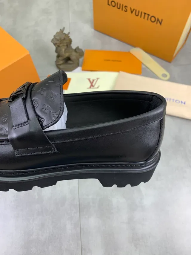 Louis Vuitton Black Monogram-Embossed Leather LV Buckle Strap Loafer 5