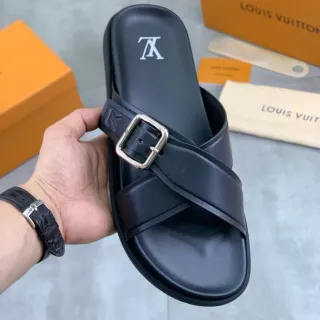 Louis Vuitton 黑色银色皮革交叉鞋带拖鞋