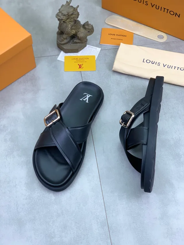 Louis Vuitton Black Silver Leather Crossed Straps Slippers 4