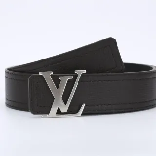 Louis Vuitton 黑色银色纹理粒面互锁 LV 花押字扣头皮革腰带