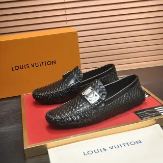 Louis Vuitton काला चांदी बुना चमड़ा धातु बकल लोअफर