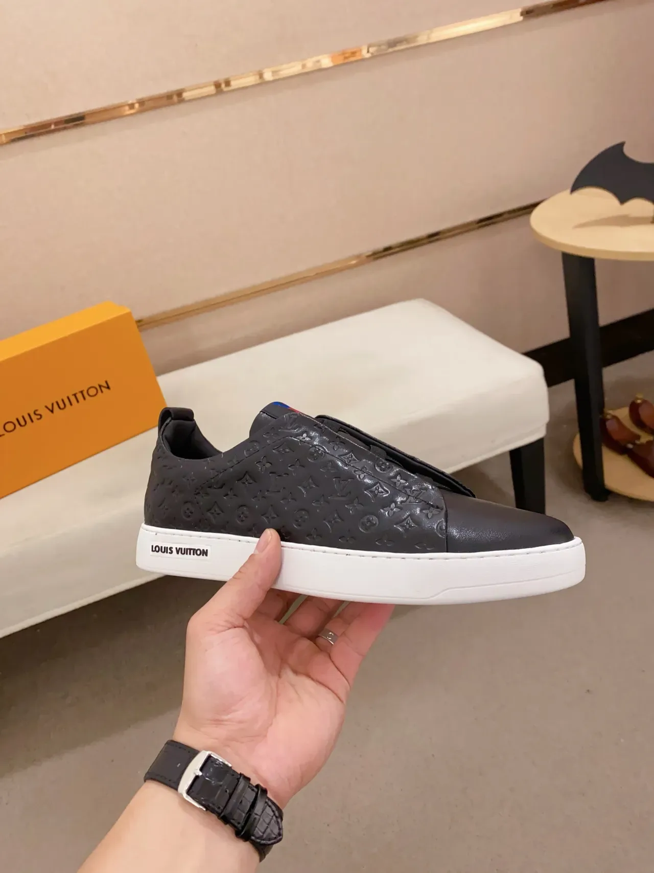 Louis Vuitton Noir et Blanc Monogram Embossed Upper Slip-On Lifestyle Sneakers 4
