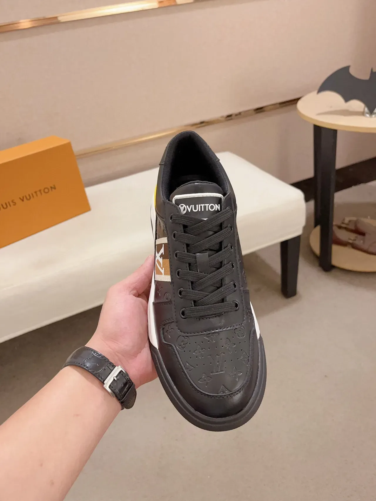 Louis Vuitton Black Yellow Embossed Monogram Leather Side Stripe Logo Lifestyle Sneakers 2