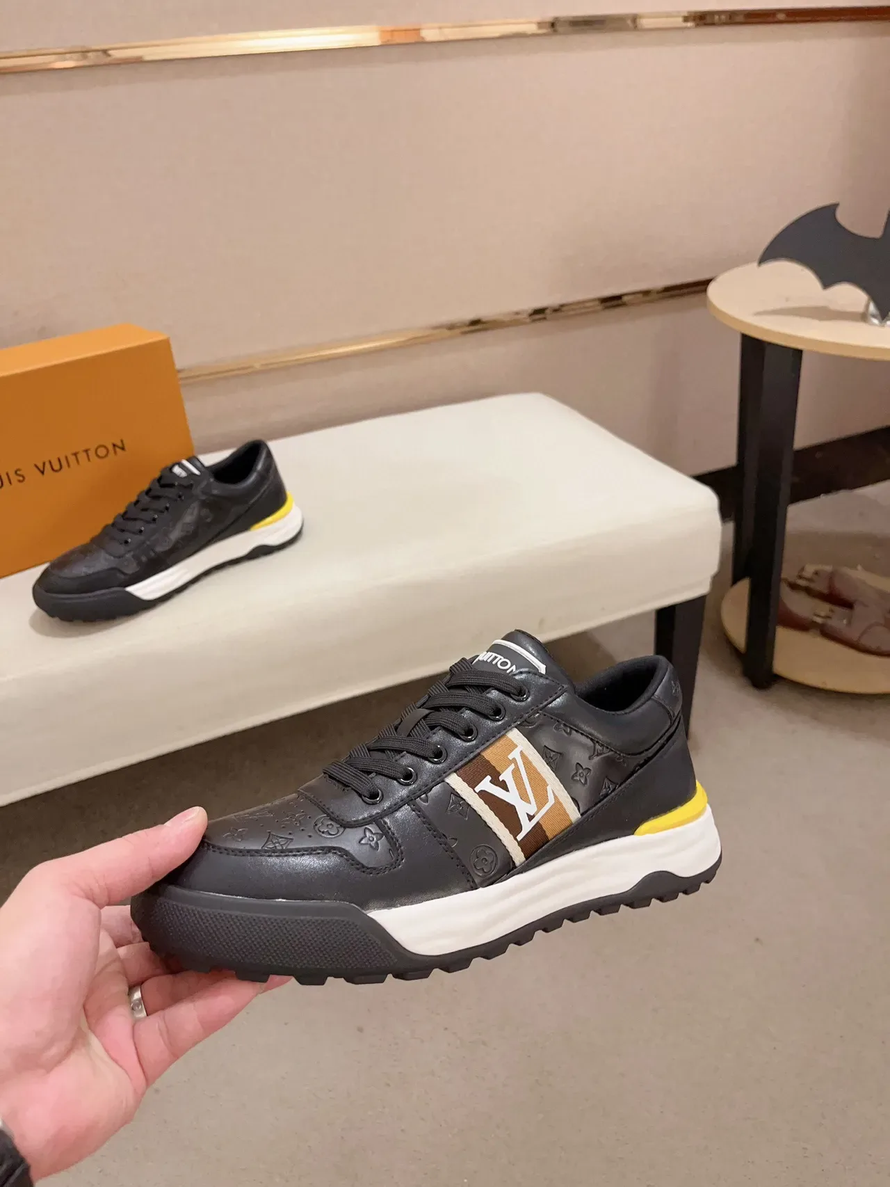 Louis Vuitton Black Yellow Embossed Monogram Leather Side Stripe Logo Lifestyle Sneakers 3