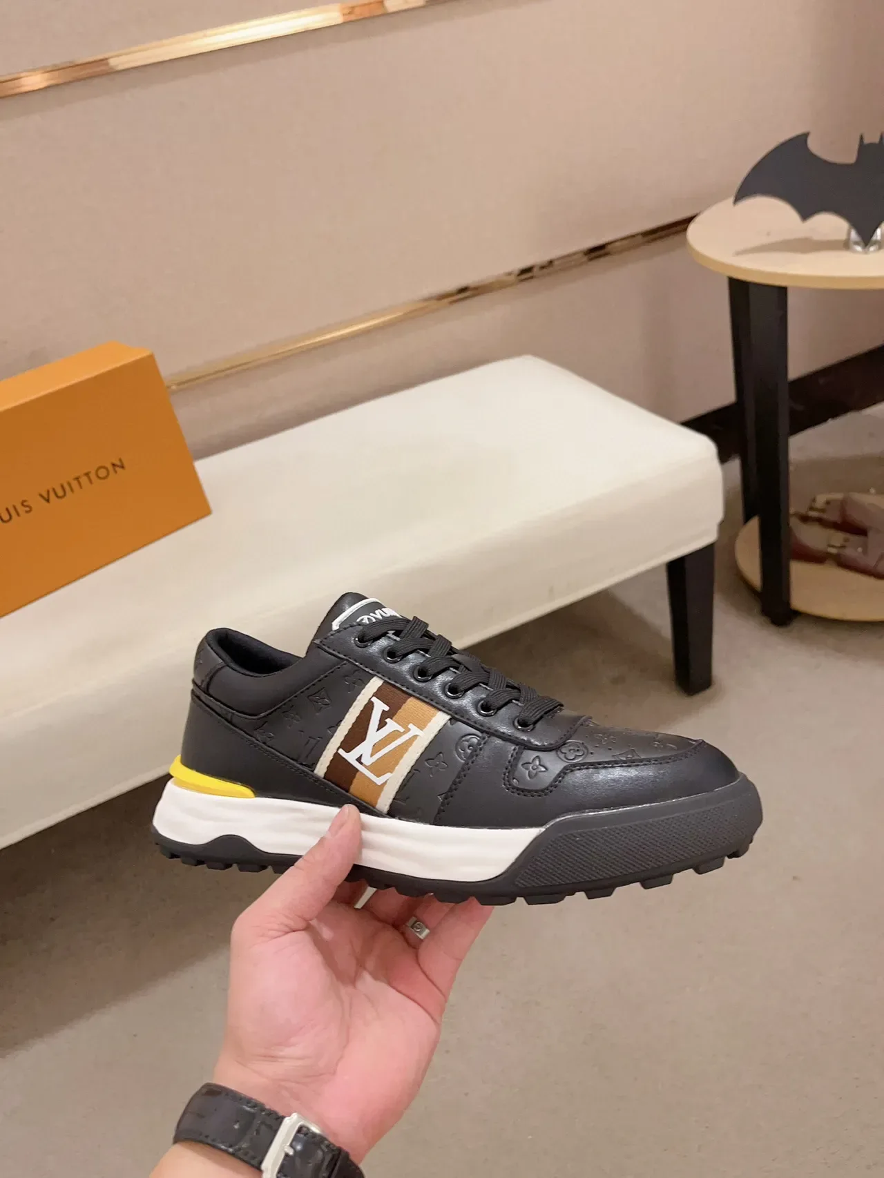 Louis Vuitton Black Yellow Embossed Monogram Leather Side Stripe Logo Lifestyle Sneakers 4
