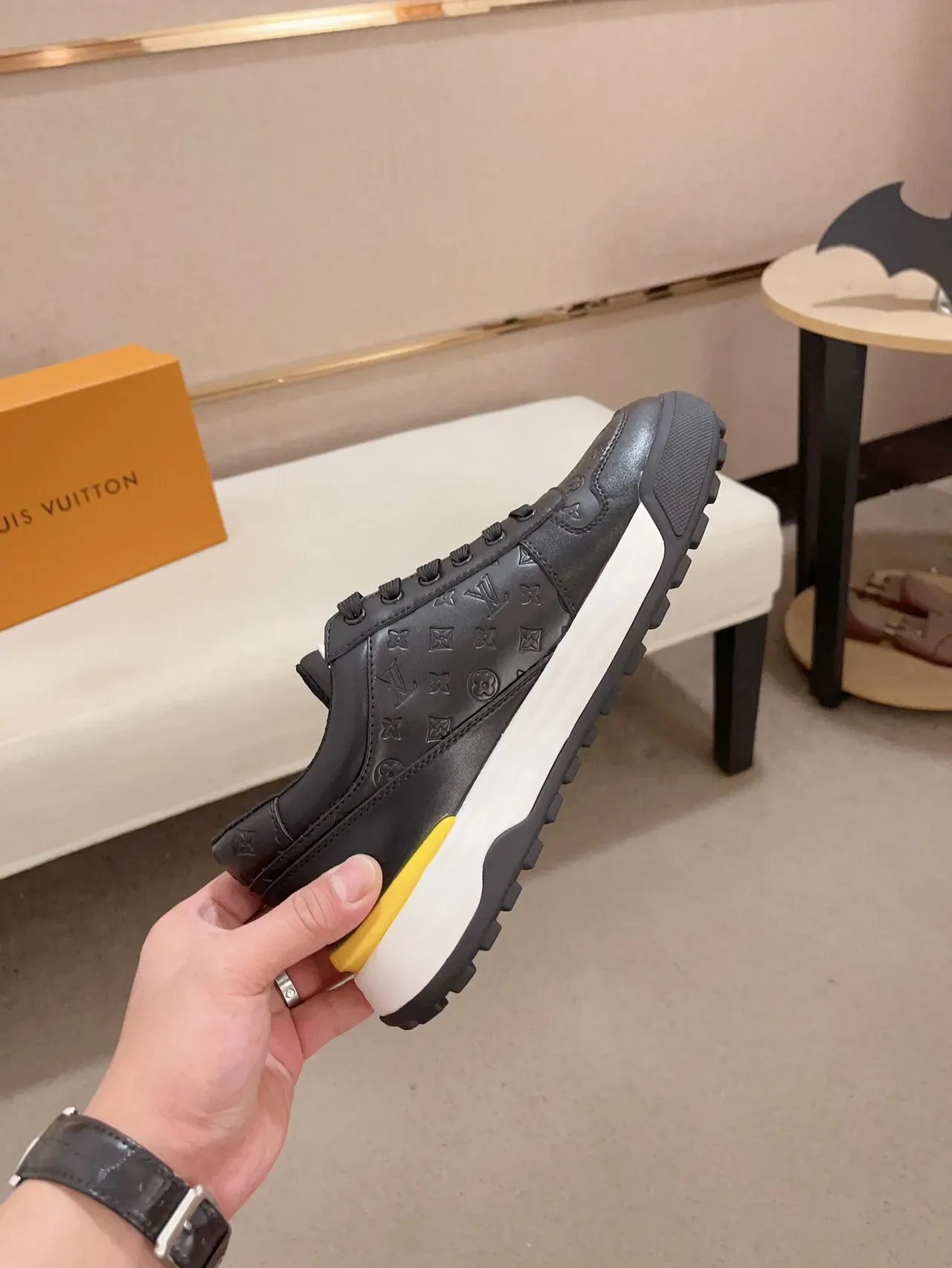 Louis Vuitton Black Yellow Embossed Monogram Leather Side Stripe Logo Lifestyle Sneakers 5