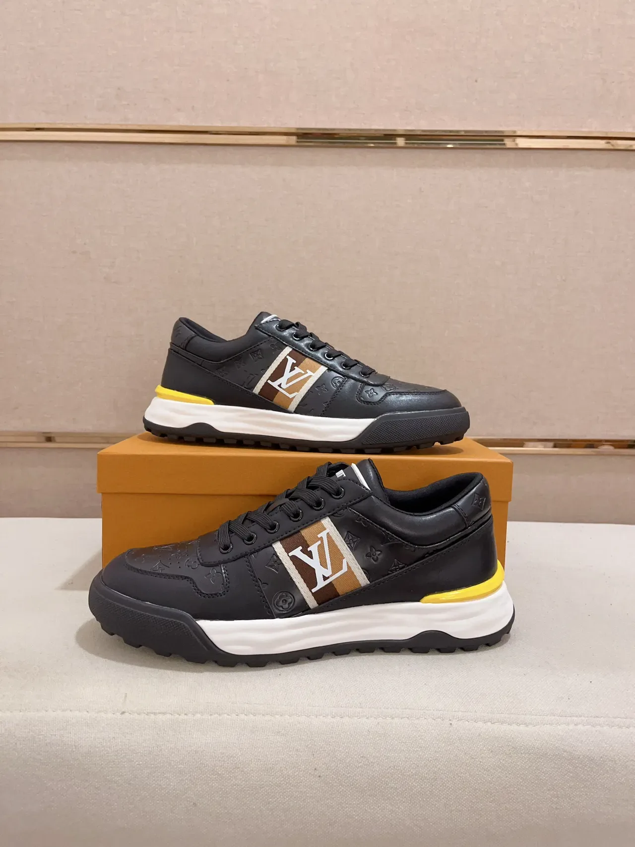 Louis Vuitton Black Yellow Embossed Monogram Leather Side Stripe Logo Lifestyle Sneakers 7