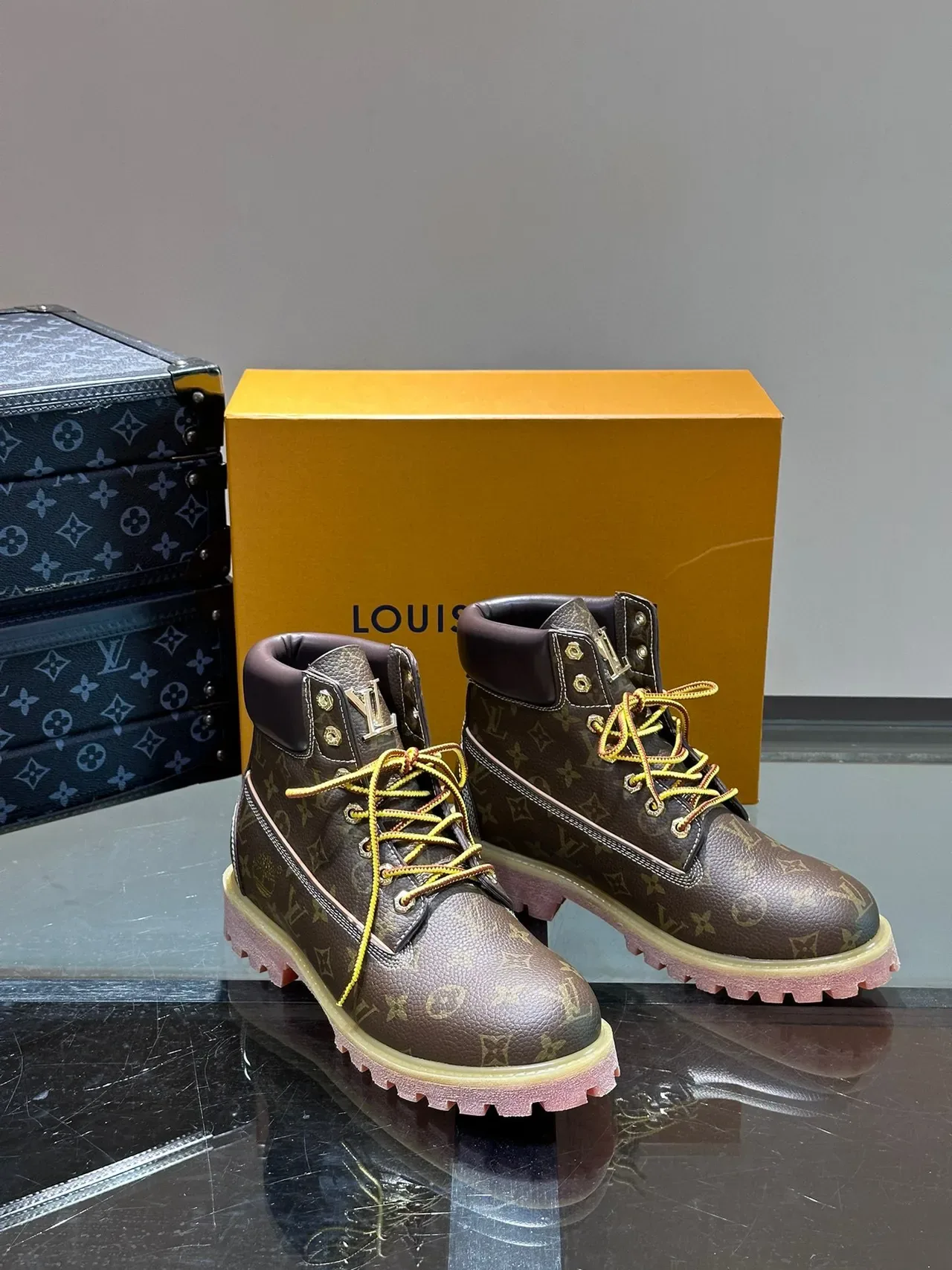 Louis Vuitton Brown Yellow Monogram Canvas Laces Work Boots 6