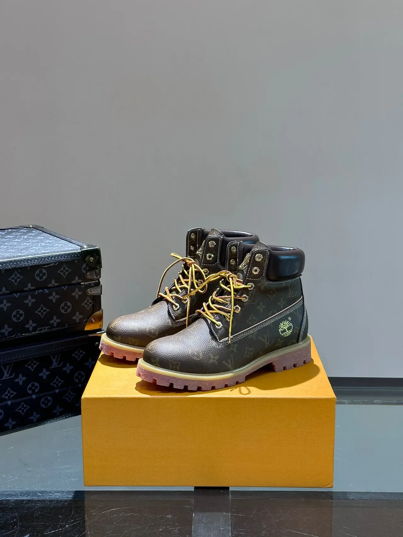 Louis Vuitton Brown Yellow Monogram Canvas Laces Work Boots 8