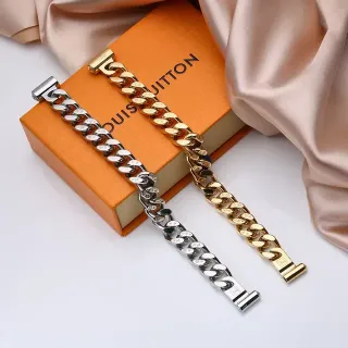 Pulsera Louis Vuitton Curb Link Plata y Oro Gruesa Grabada Monograma