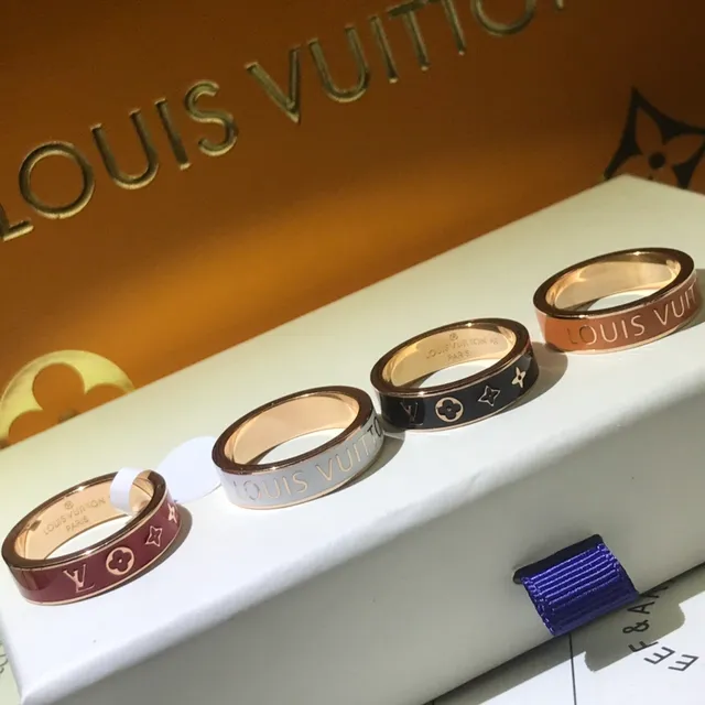 Louis Vuitton Gold Black Enamel-Band Engraved Logo Ring 3