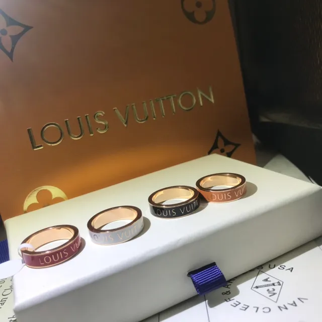 Louis Vuitton Gold Black Enamel-Band Engraved Logo Ring 5