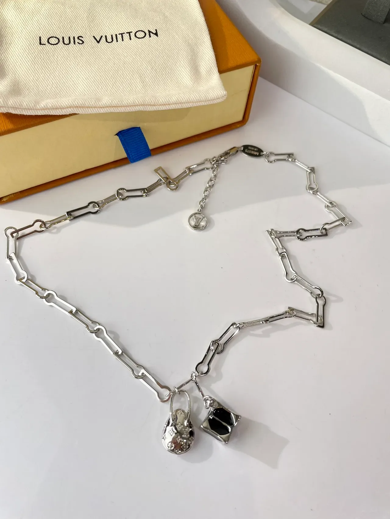 Louis Vuitton Gold Black Rectangular Link Chain Dual Pendant Charms Necklace 7
