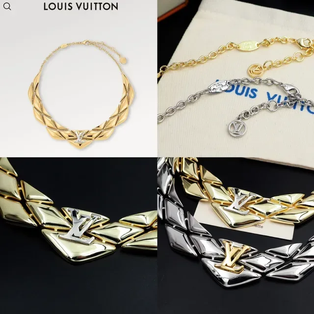 Louis Vuitton Gold Geometric Leaf-Link Choker Polished Metal Necklace 9