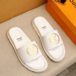 Louis Vuitton 金色马尾印花标志白色拖鞋