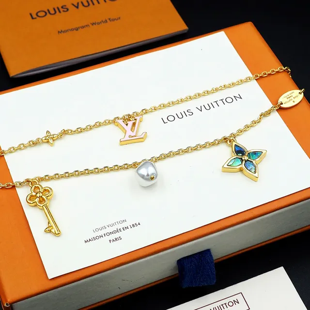 Louis Vuitton Gold Pink Multi-Charm Layered Chain Bracelet 6