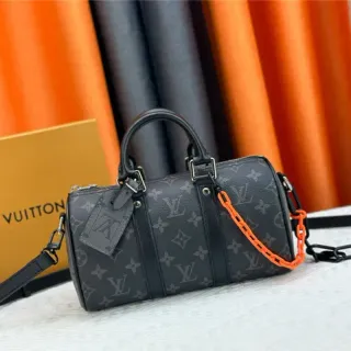लुई विटटन Keepall काला नारंगी मोनोग्राम कैनवास बैरल सिल्हूट बोस्टन बैग