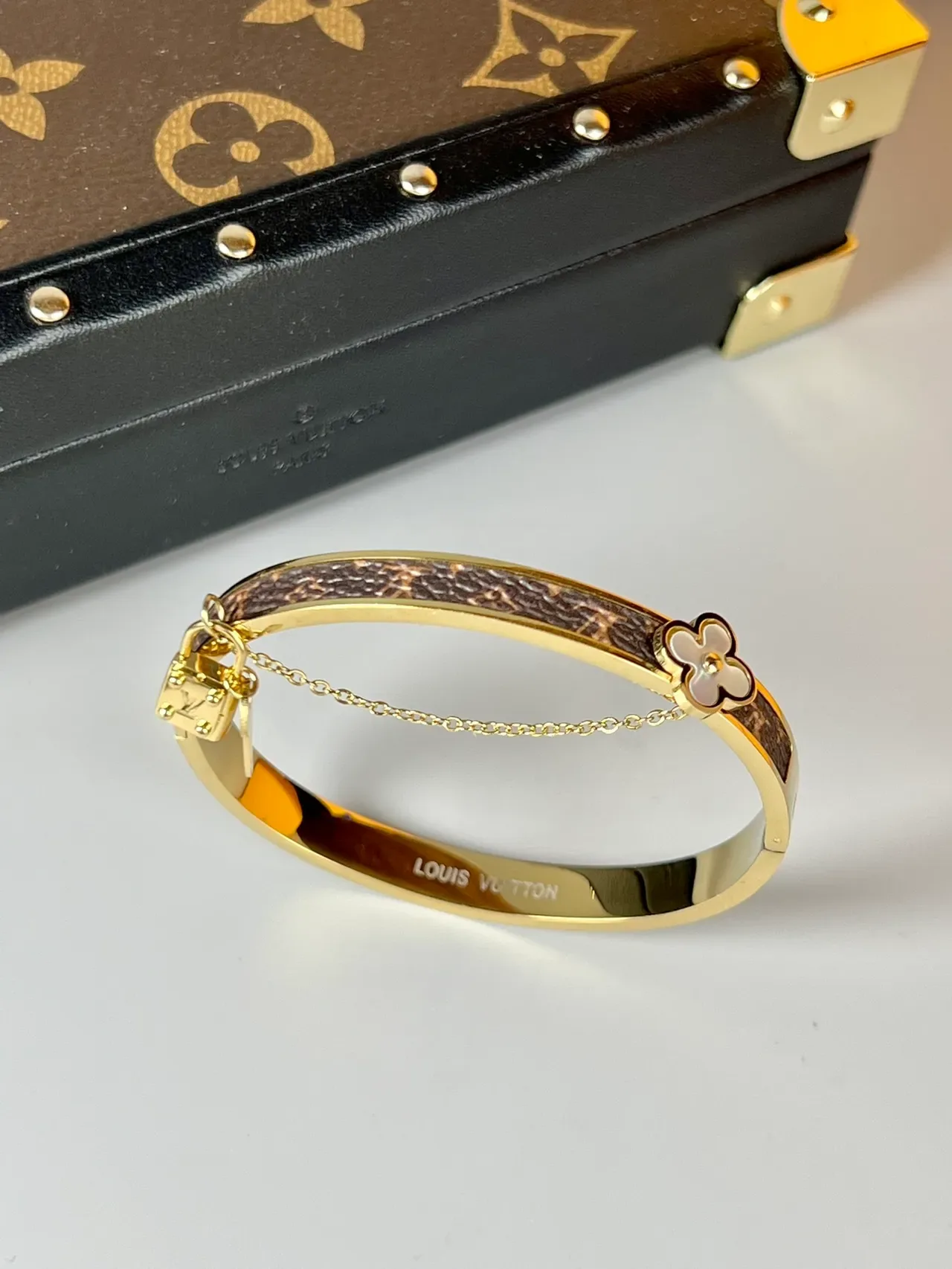 Louis Vuitton Lockit Bracelet Gold Tone Brown Monogram Canvas Bracelet 6