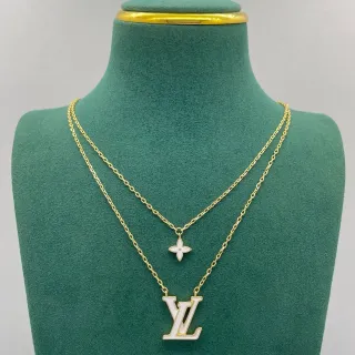 Colar Louis Vuitton LV Monograma & Flower Pendant Corrente Dourado Branco Multicamadas