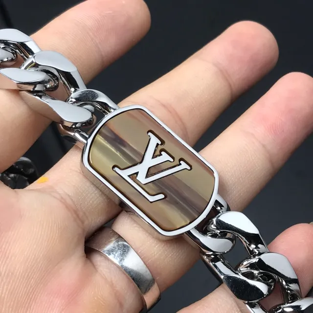 Louis Vuitton LV Shades Brown Silver Chunky Curb Chain Rectangular Tiger's Eye Plaque Bracelet 6