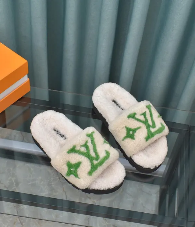 Louis Vuitton LV Slide White Shearling Green Monogram Slippers 6