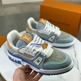 Louis Vuitton LV Trainer Beige y Azul Denim en Capas y Lona con Monograma Sneakers Lifestyle